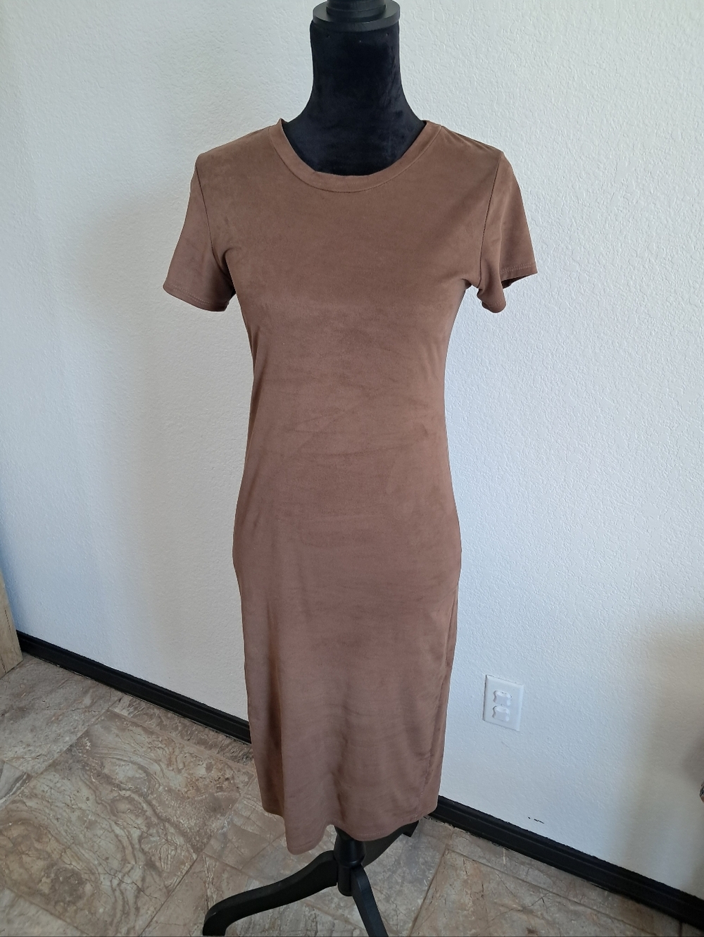 Vintage Vibe Sportswear Md Midi Dress Brown Faux Suede Fitted Western Y2K